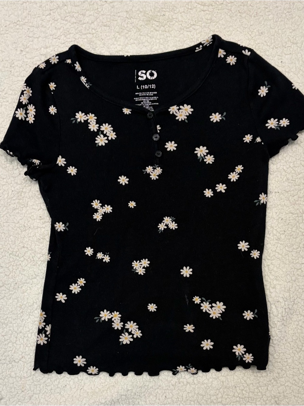 SO Black Floral Daisy Ribbed Henley Top (Kids' Large 10/12)